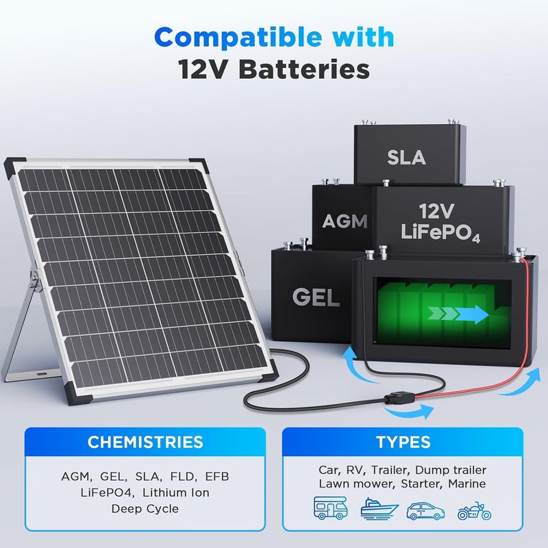 Callsun شاحن بطارية شمسية 30W 12V - جهاز الحفاظ على بطارية شمسية مقاوم للماء للسيارة/المركبة الترفيهية/القارب/المقطورة/المركبات البحرية، وحدة تحكم ذكية IP68، زجاج مقسى عالي الشفافية، مجموعة الألواح الشمسية 12V - Image 5